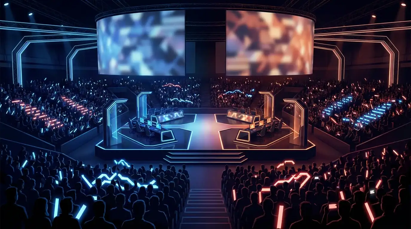 Ilustração editorial de competição de eSports com arena digital e telas abstratas